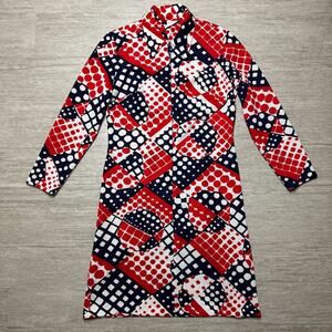 Vintage 1970s Mod Geometric Print Zip Front Collared Long Sleeve Shirt Dress Red